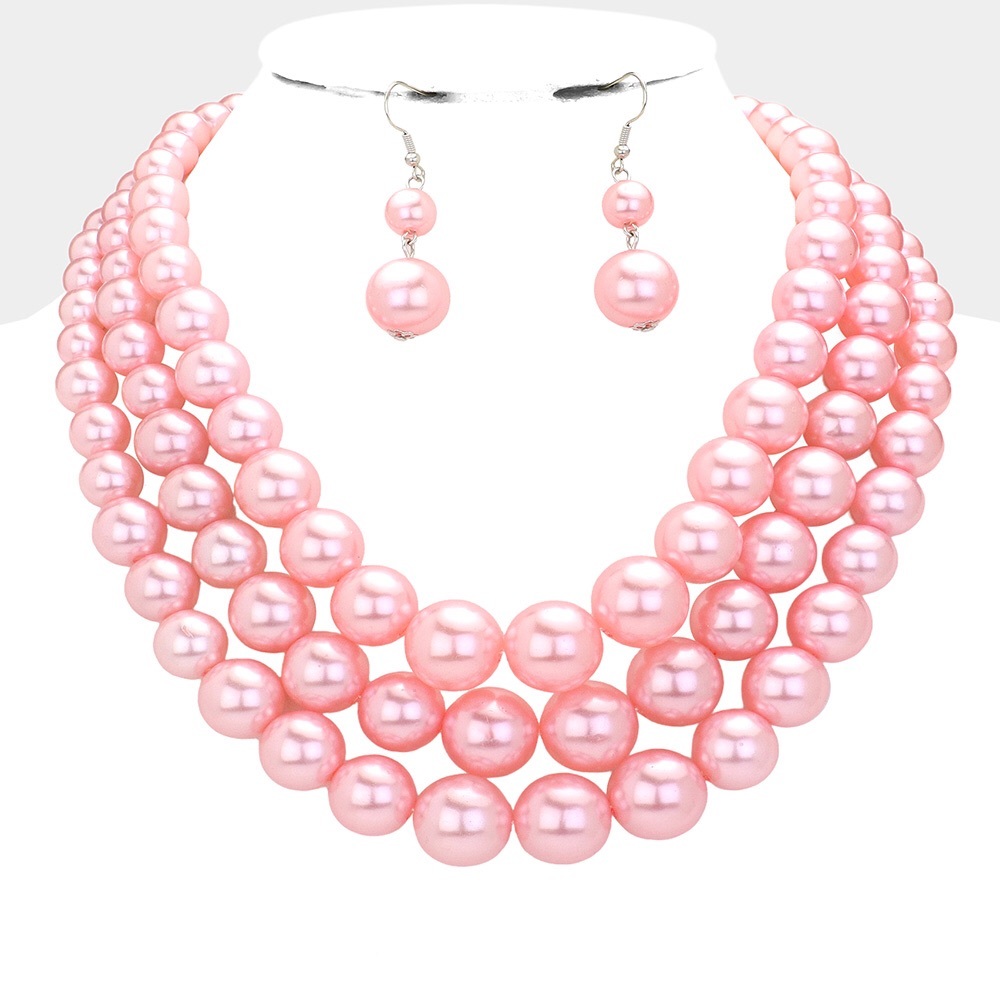 Pink Triple Strand Pearl Chunky Statement Necklace